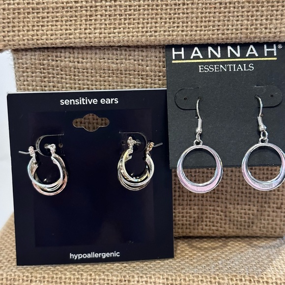 NWT 2 pairs Earrings- Sensitive Ears hoops silver & gold; Hannah silver dangles - Picture 2 of 8